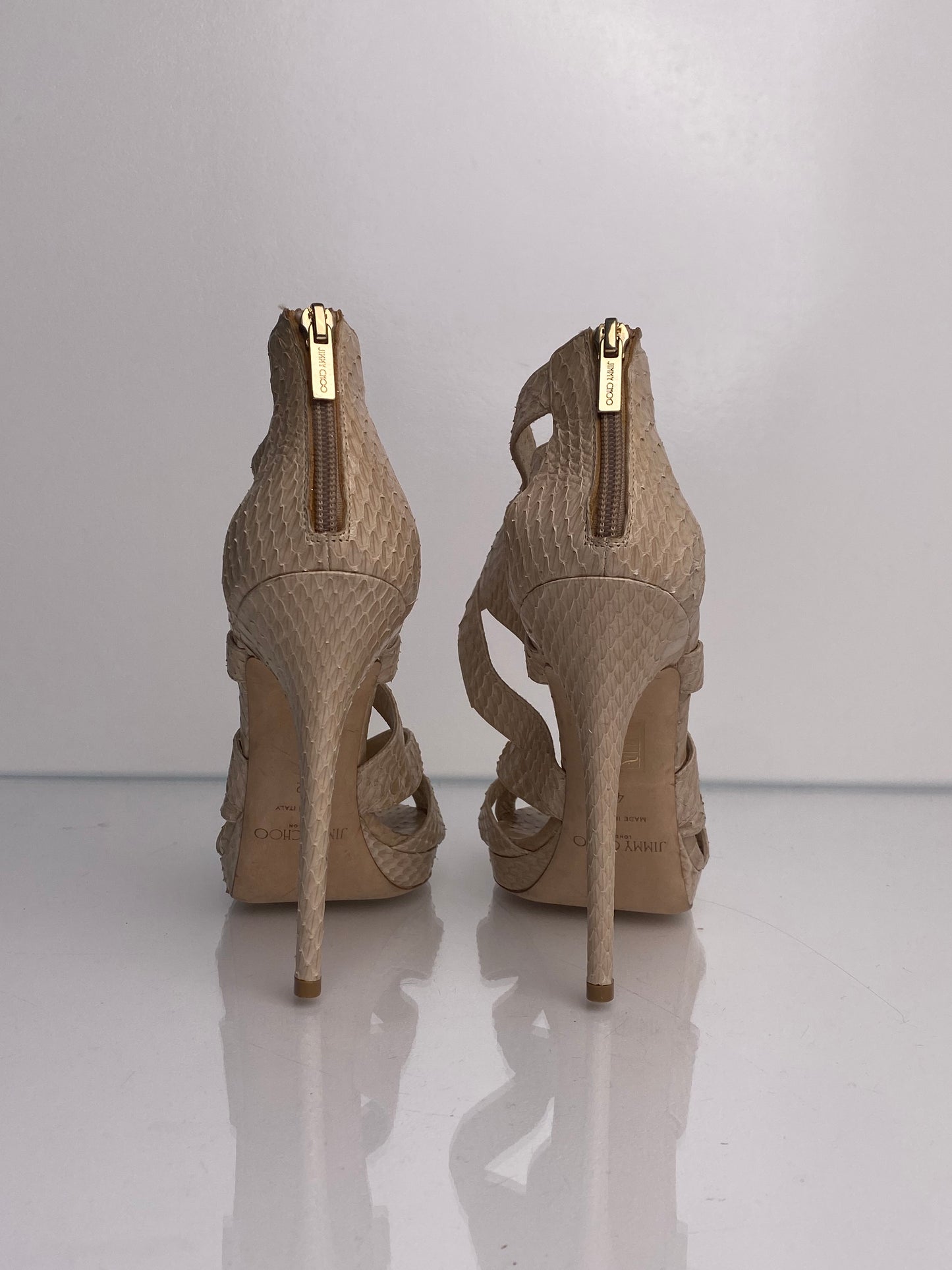 Jimmy Choo Tan Snakeskin Zip Heels, 42