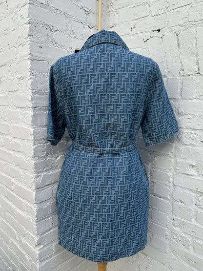 Fendi Blue Denim Zucca FF Belted Dress, 12