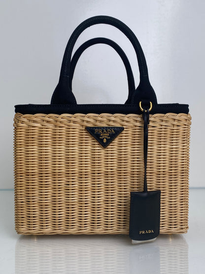 Prada Tan & Black Wicker & Canvas Small Logo Tote Bag GHW
