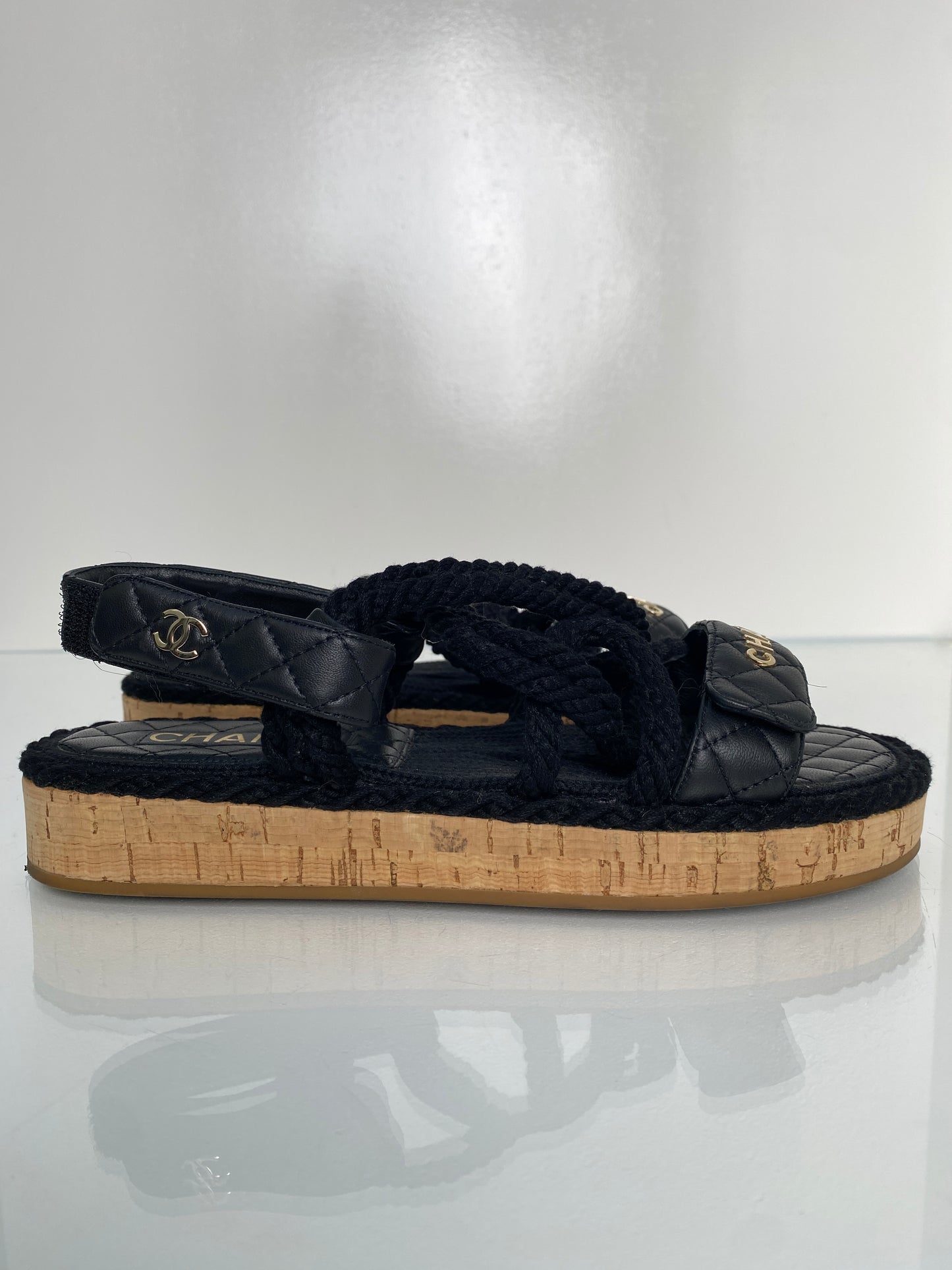 Chanel Black Logo Quilted Rope Sandals, 40