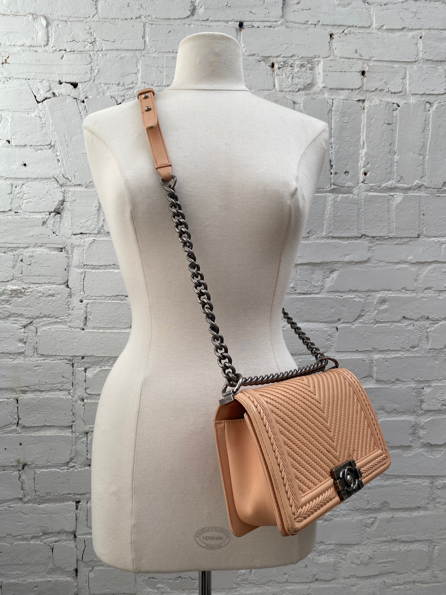 Chanel Medium Boy Bag Beige Stitched Chevron RHW #23