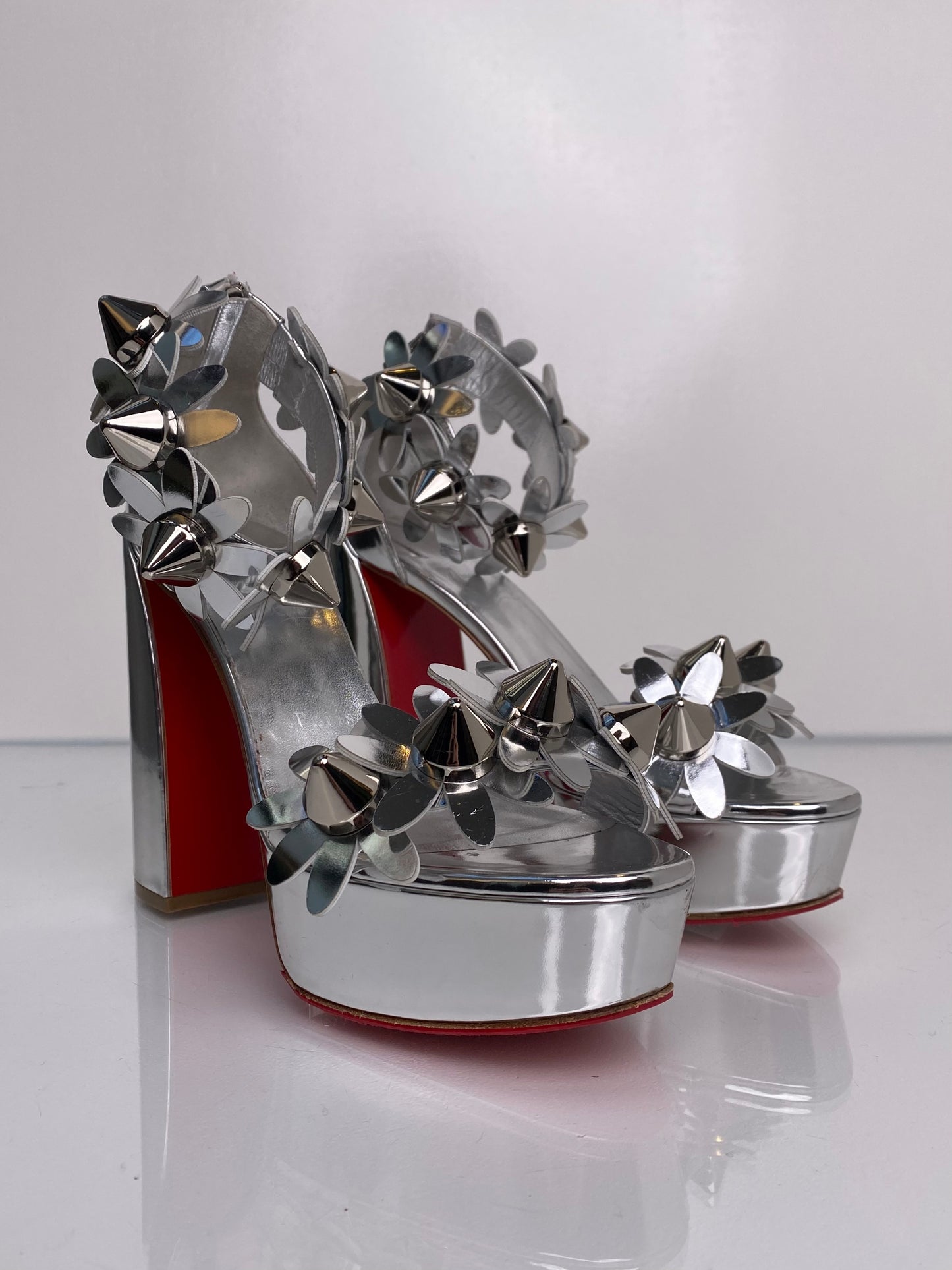 Christian Louboutin Silver Daisy Spike Heels, 39.5