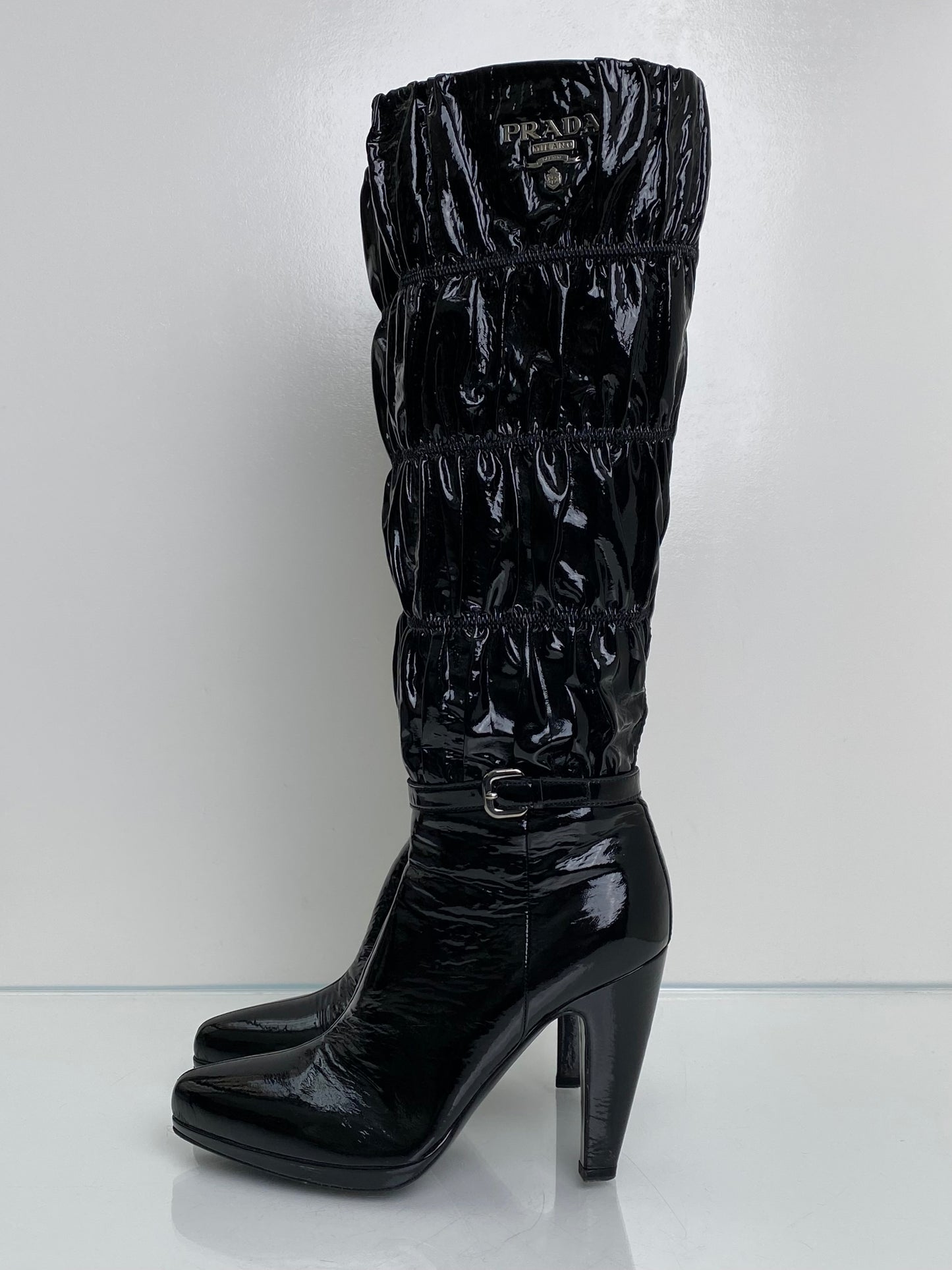 Prada Black Patent Cinched Boots, 37.5