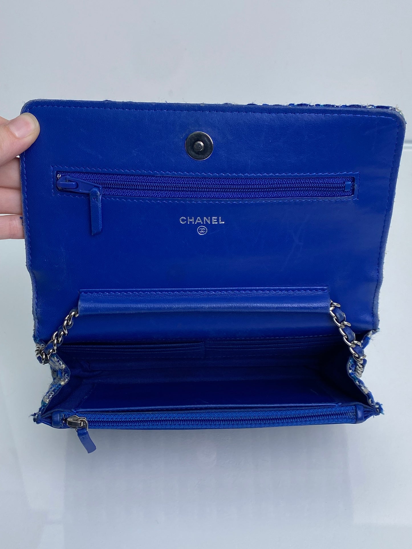 Chanel Blue Tweed Charms Wallet On Chain SHW