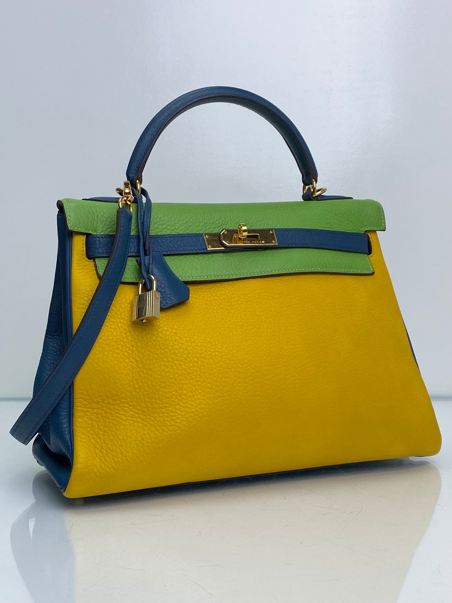 Hermes Kelly 32 Vert Cru, Jaune, and Blue Thalassa Clemence GHW #G