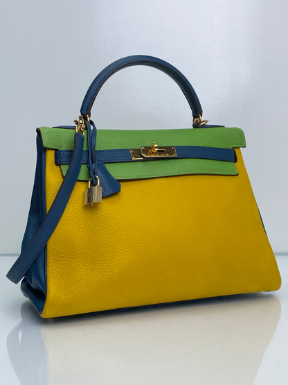Hermes Kelly 32 Vert Cru, Jaune, and Blue Thalassa Clemence GHW #G