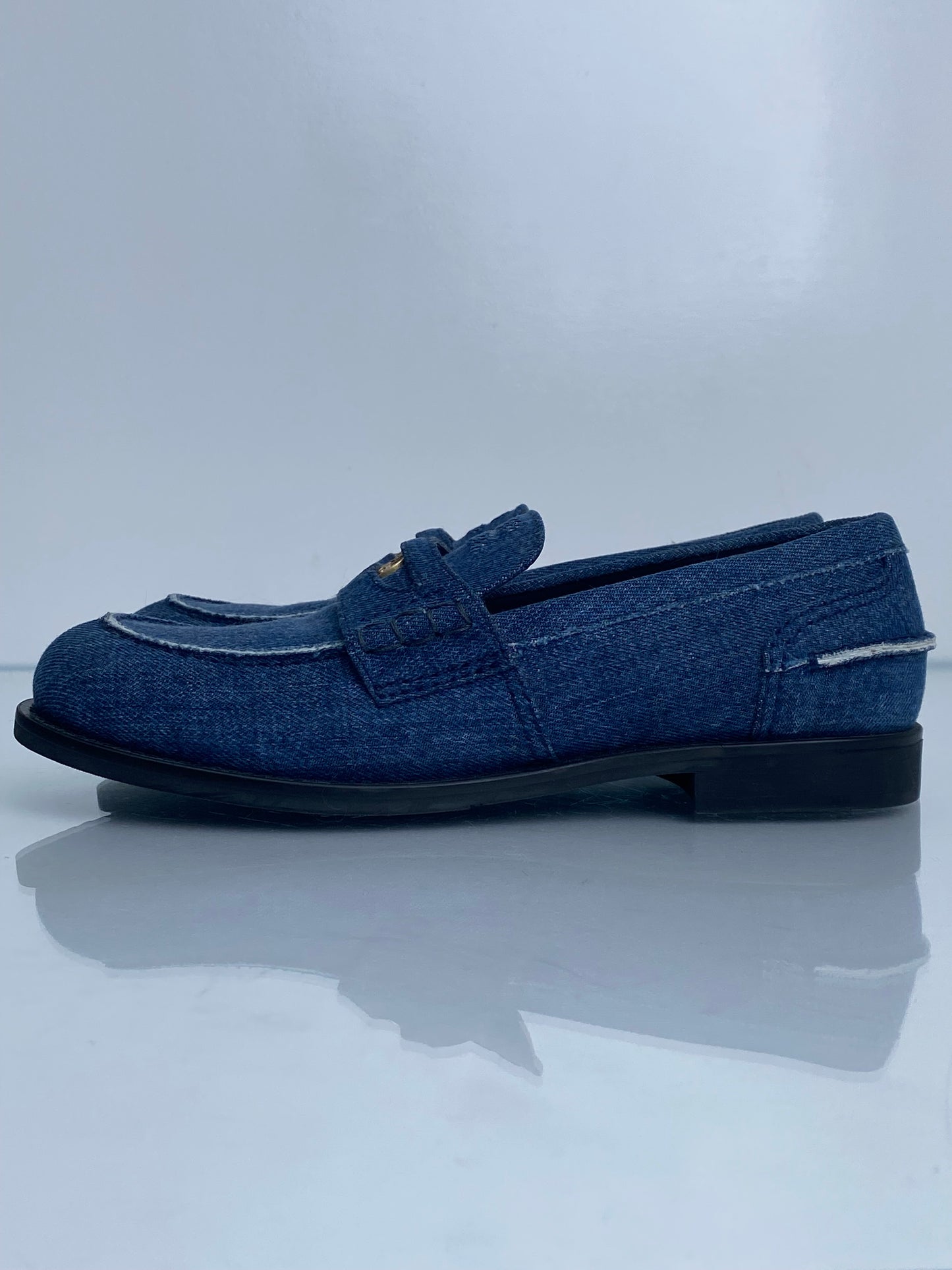Miu Miu Denim Penny Loafers, 38.5