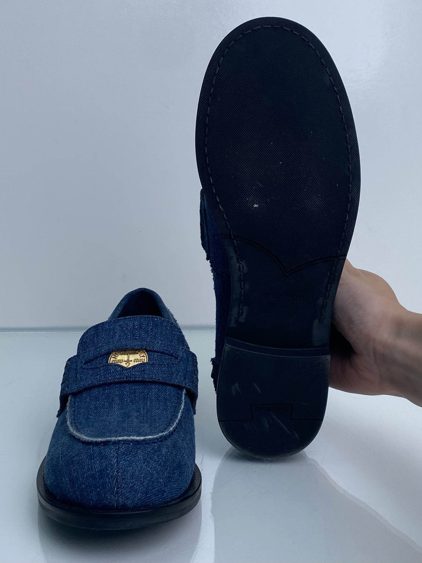 Miu Miu Denim Penny Loafers, 38.5