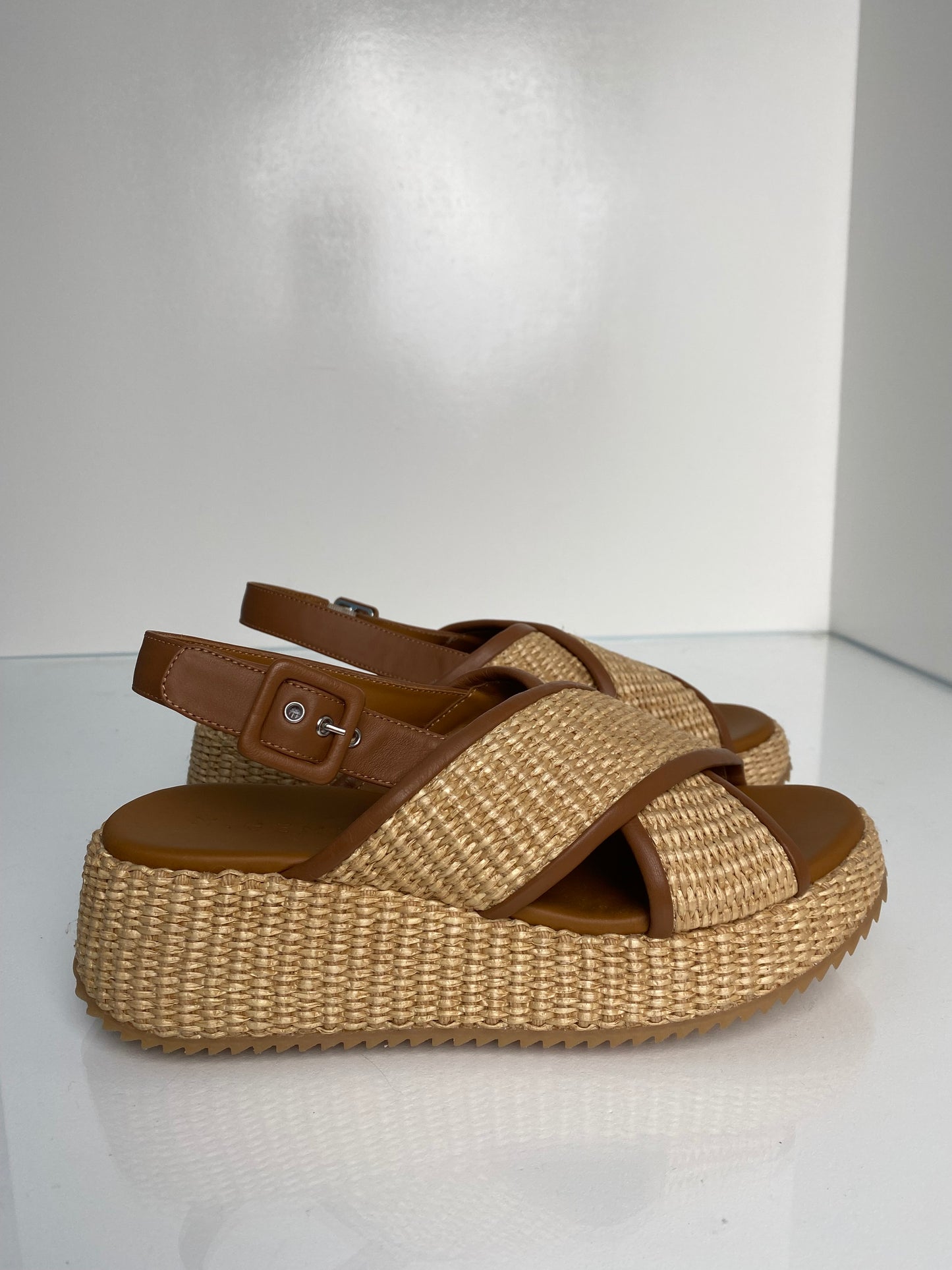 M.Gemi Raffia & Brown Leather Slides, 38