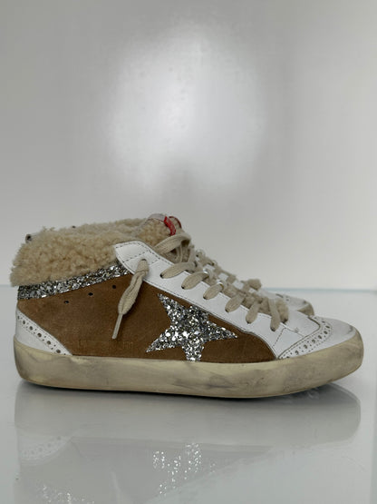 Golden Goose White Leather,  Brown Suede, & Sherpa  High Top Sneakers, 37