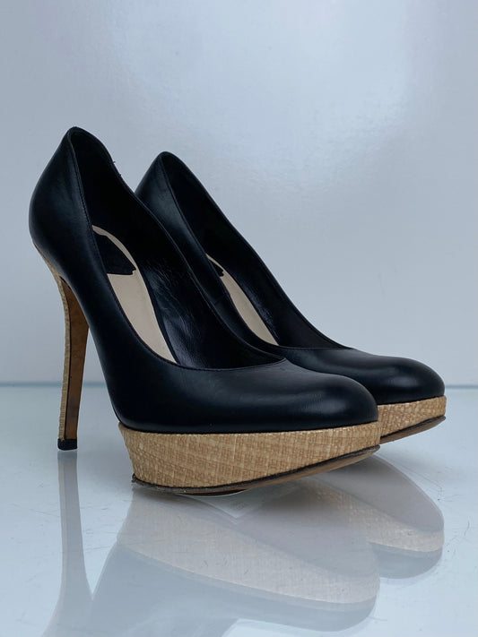 Christian Dior Black Leather Raffia Pumps, 38.5