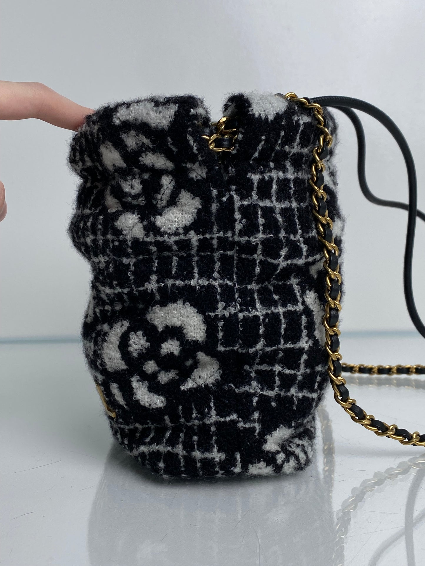 Chanel 22 Mini Black/White Tweed Camellia Bag GHW