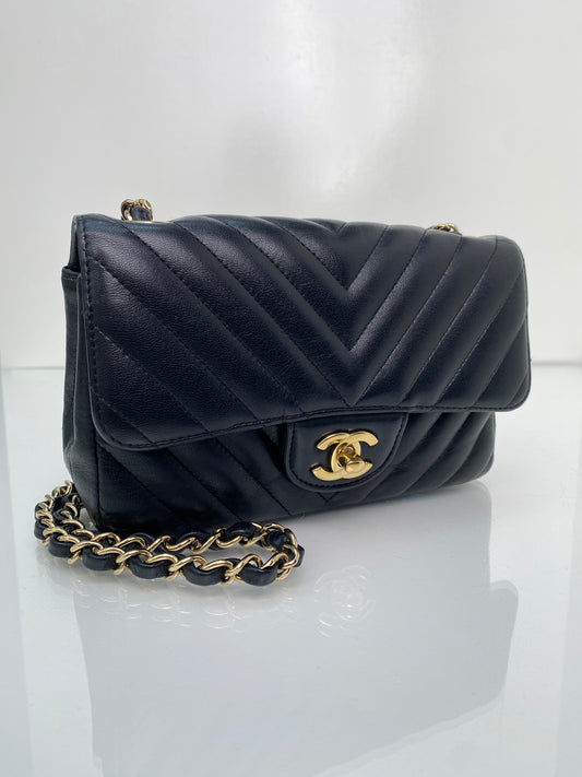 Chanel Classic Black Mini Rectangular Chevron Flap Bag GHW