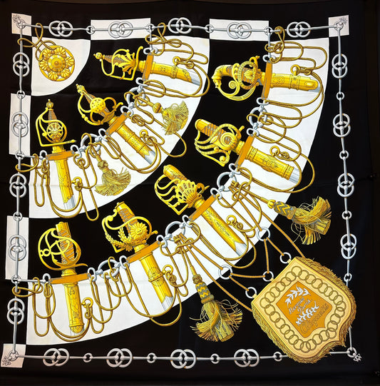 Hermes Black, White & Gold Sword Silk Scarf