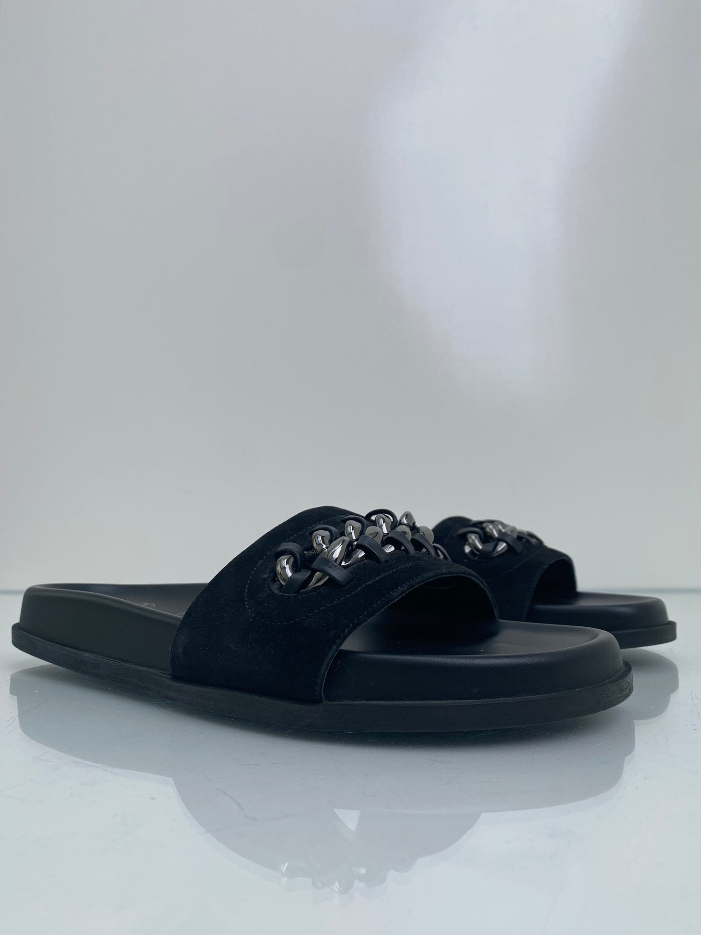 Valentino Black Chain Link Suede Slides, 40