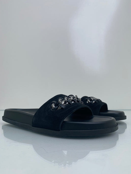 Valentino Black Chain Link Suede Slides, 40