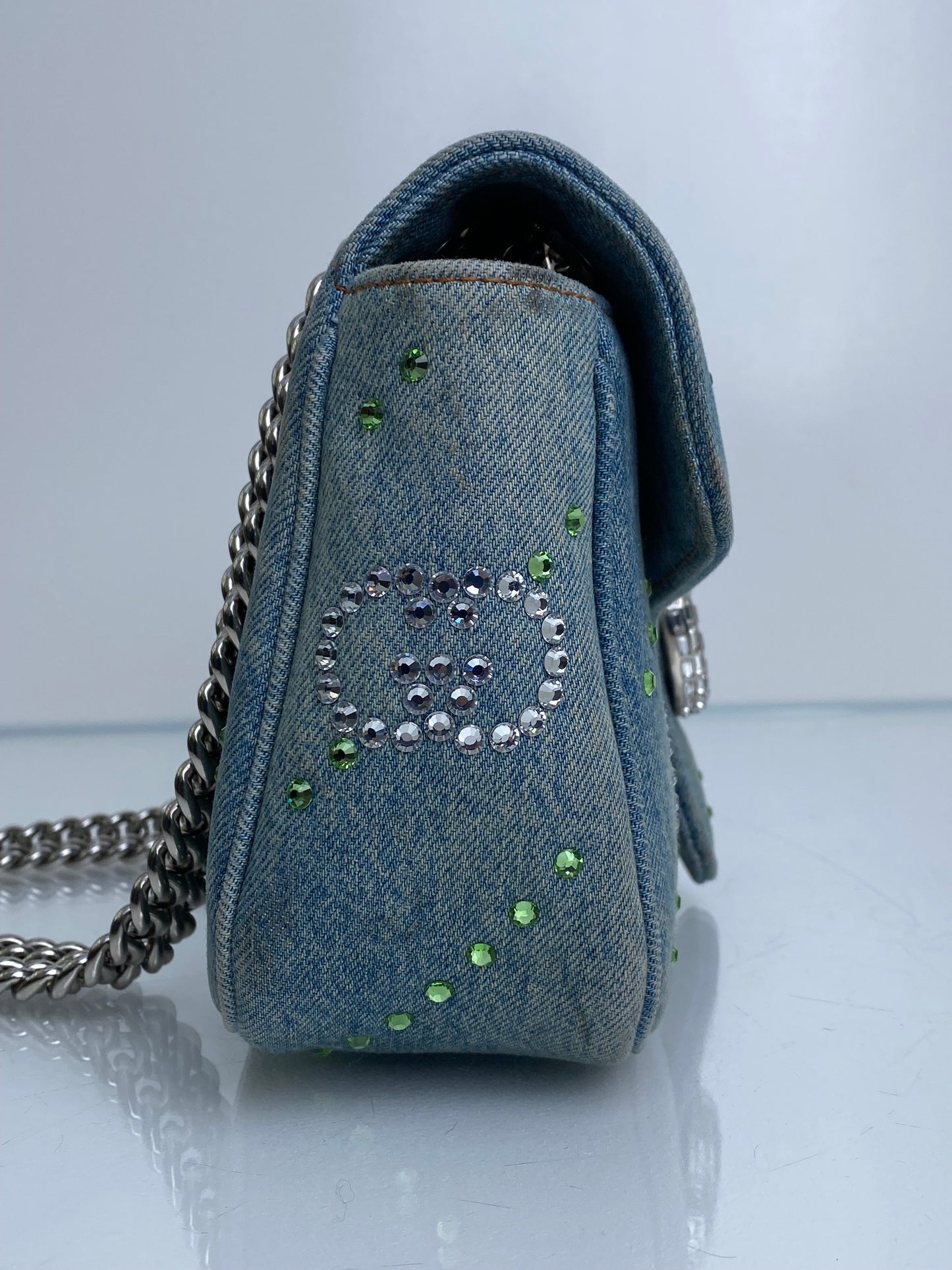 Gucci Denim Crystal Appliqué GG Marmont Shoulder Bag SHW
