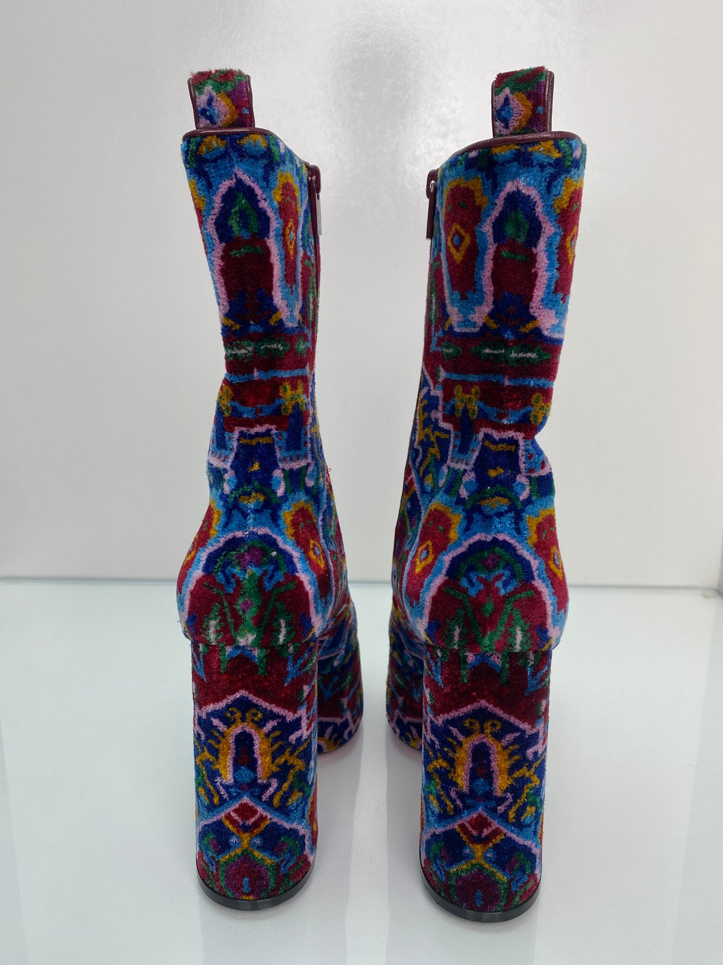 Christian Louboutin Maroon & Multicolor Velvet Platform Boots, 39