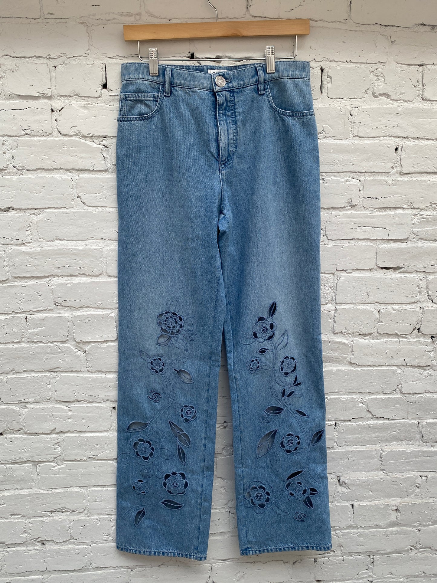 Chanel Light Wash CC Camelia Cut Out Jeans, 38