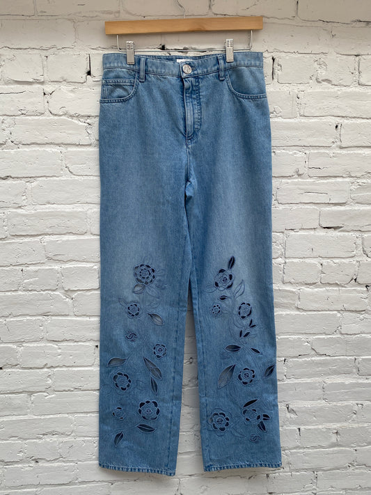 Chanel Light Wash CC Camelia Cut Out Jeans, 38