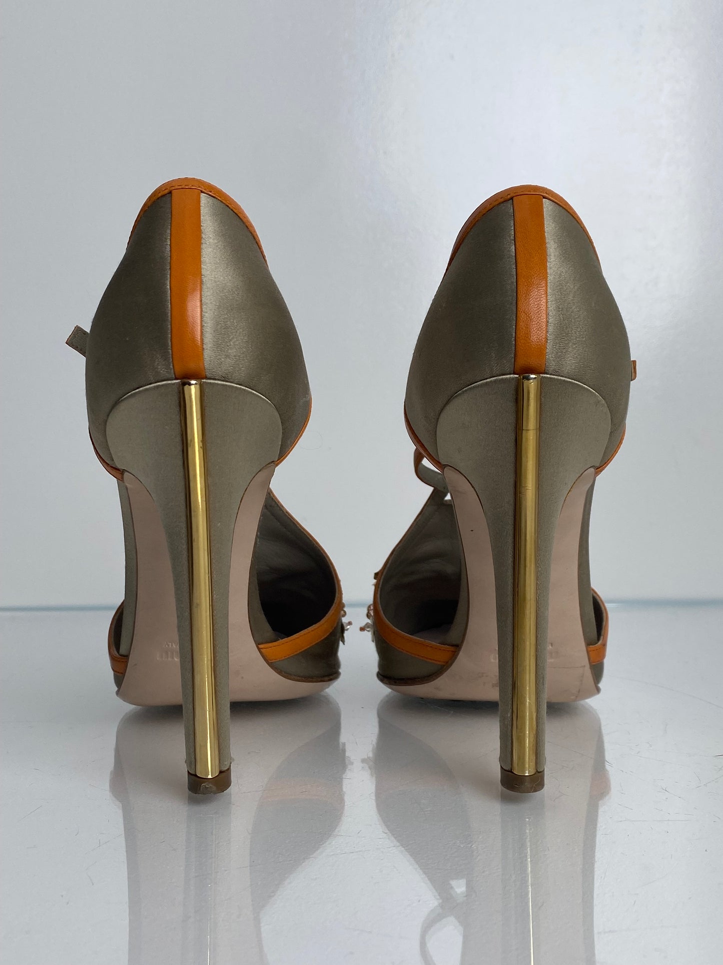 Miu Miu Grey/Orange Silk Floral Embellished Heels, 39