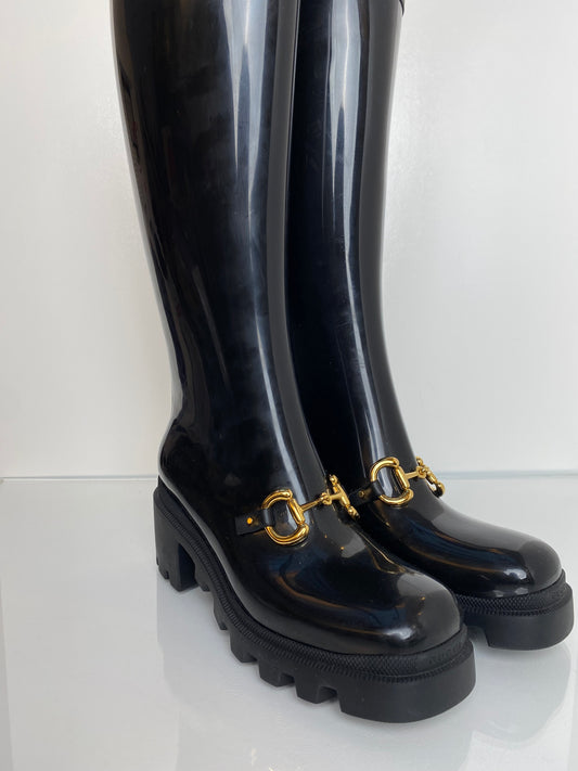 Gucci Black Horsebit Platform Rainboots, 39