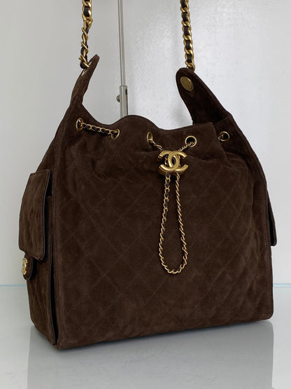 Chanel Dark Brown Suede Medium 25 Hobo Bag GHW