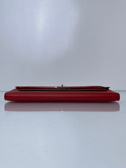Hermes Kelly Cut Pochette Rouge Casaque Swift PHW #M