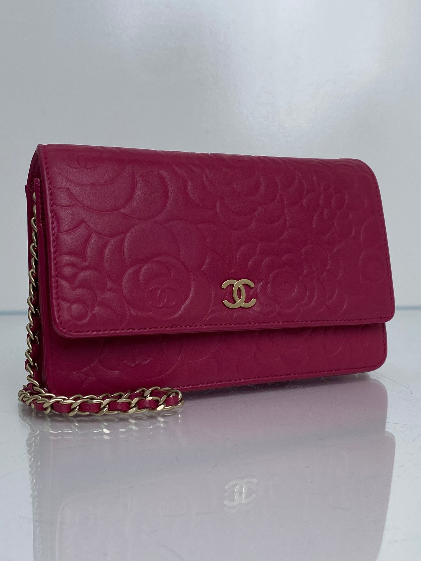 Chanel Pink Camellia Embossed Leather WOC GHW