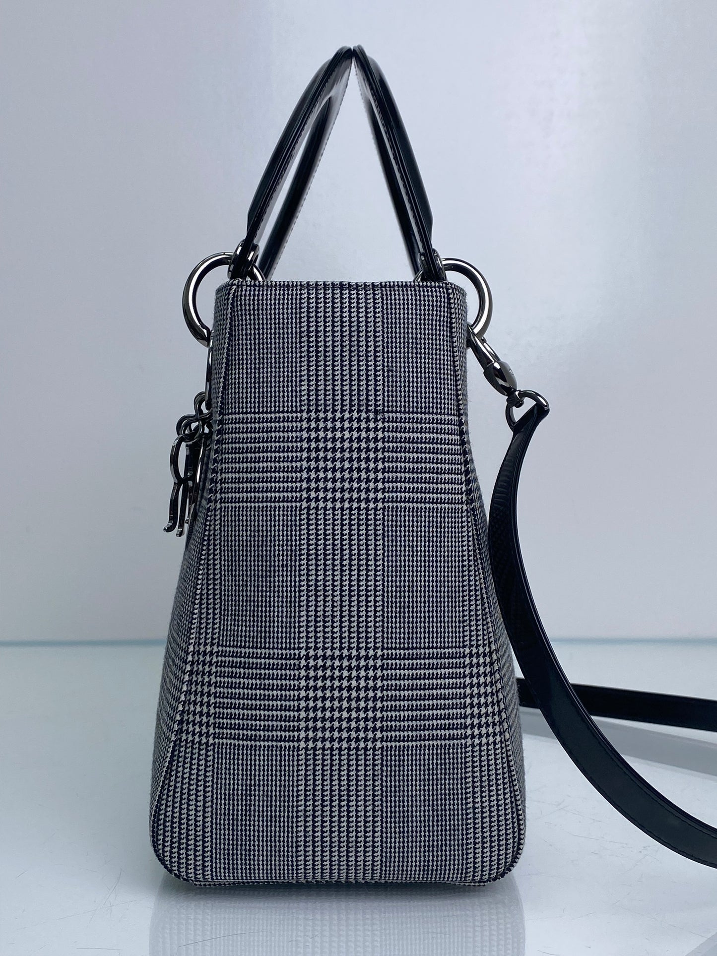 Christian Dior Grey Houndstooth & Black Patent Lady Dior Bag SHW