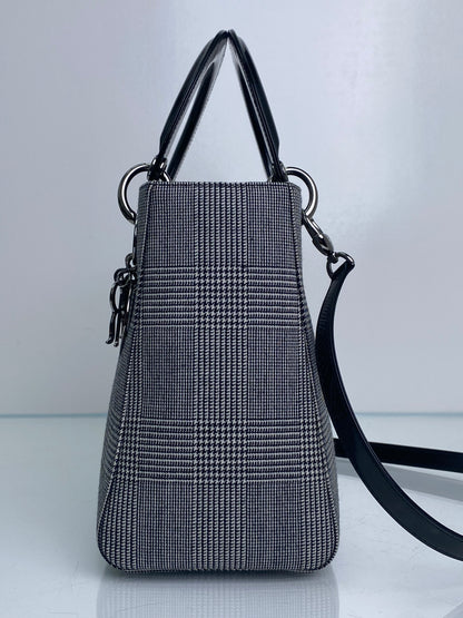 Christian Dior Grey Houndstooth & Black Patent Lady Dior Bag SHW
