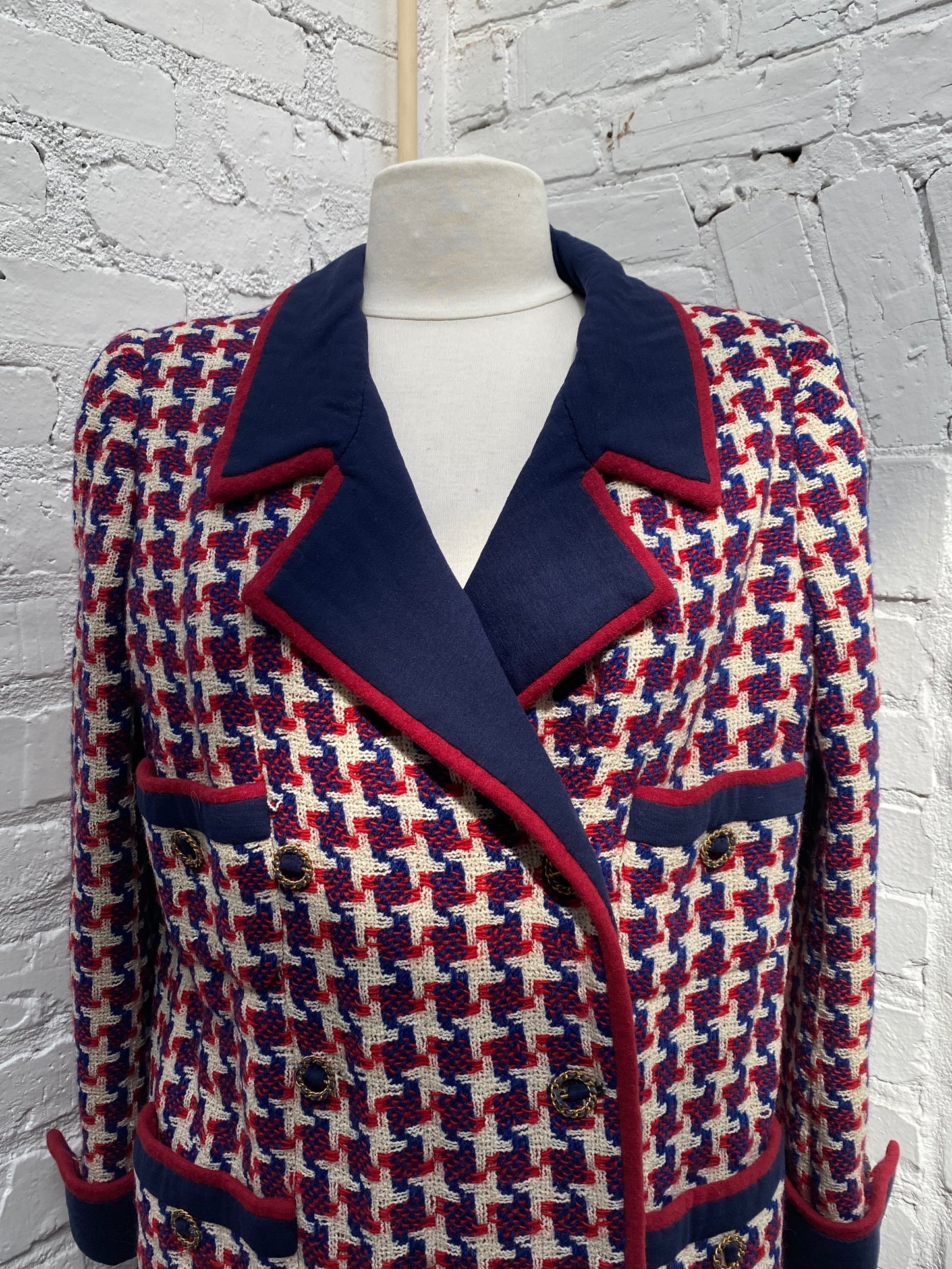 Chanel Red, Navy, & Cream Long Tweed Houndstooth Coat, EST L
