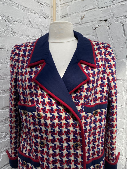 Chanel Red, Navy, & Cream Long Tweed Houndstooth Coat, EST L