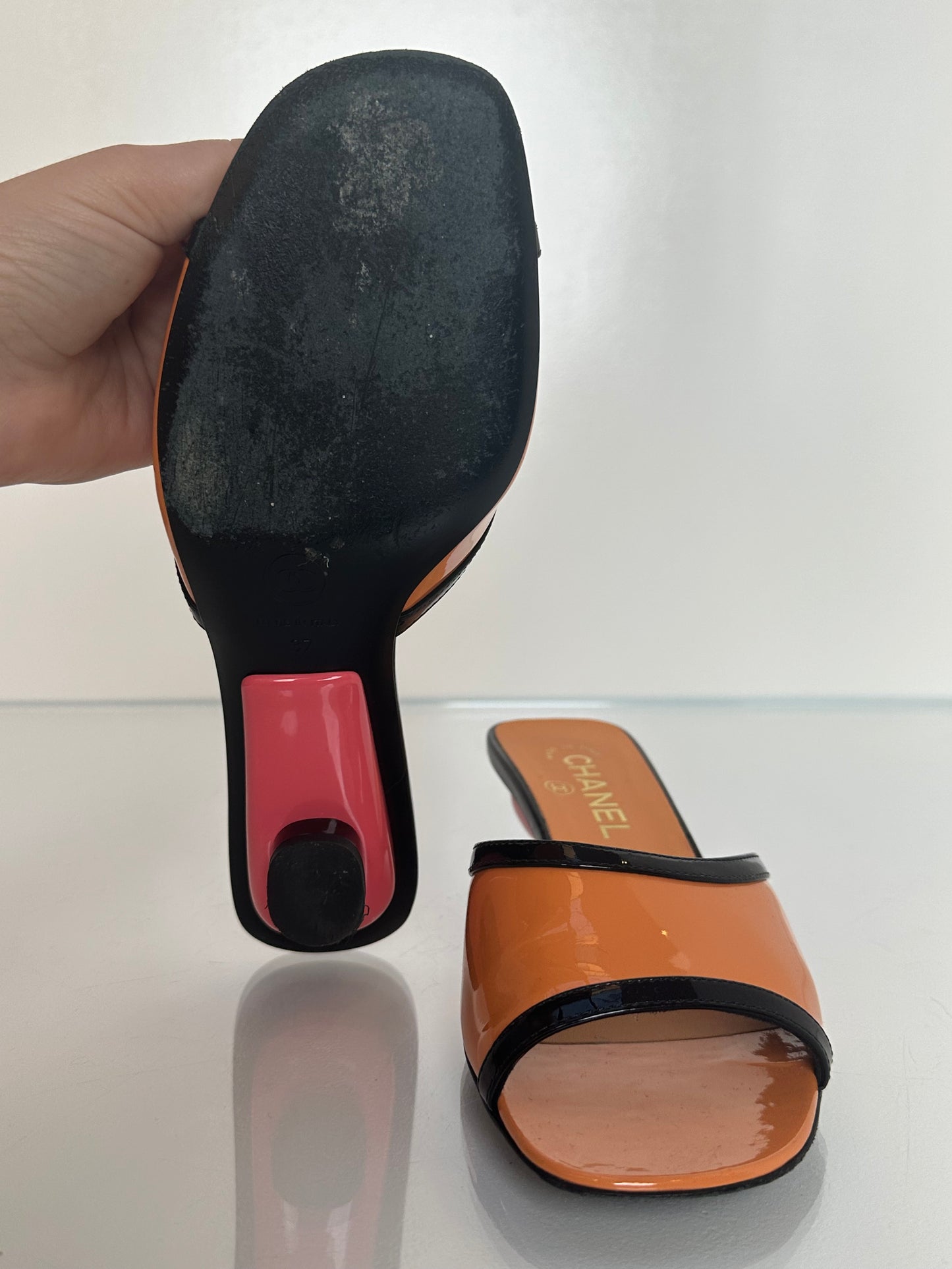 Chanel Orange, Pink, & Black Patent Kitten Heels, 37