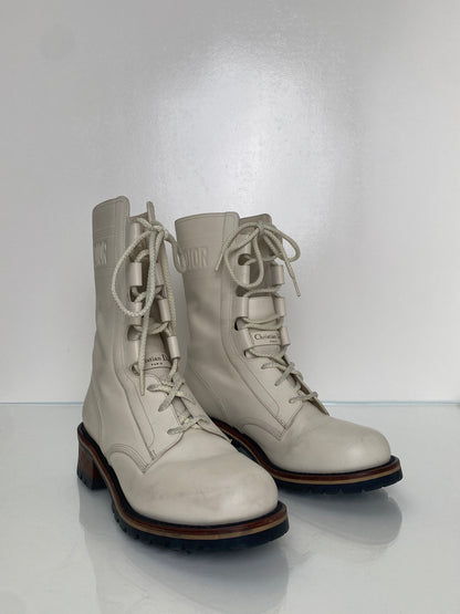 Dior White Logo Leather Combat Boots, 39