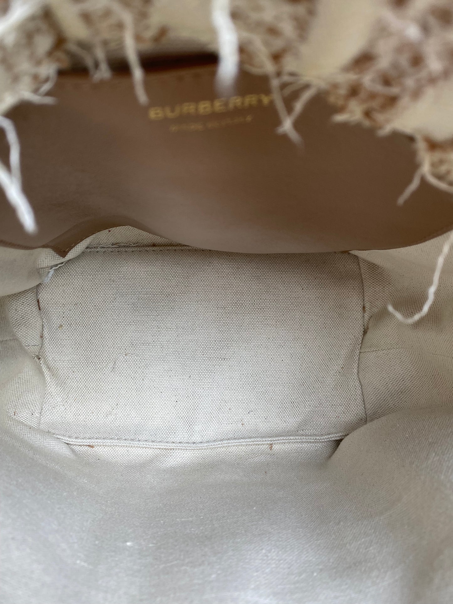 Burberry Tan & Beige Lola Needle Punch Check Canvas Small Bucket Bag GHW