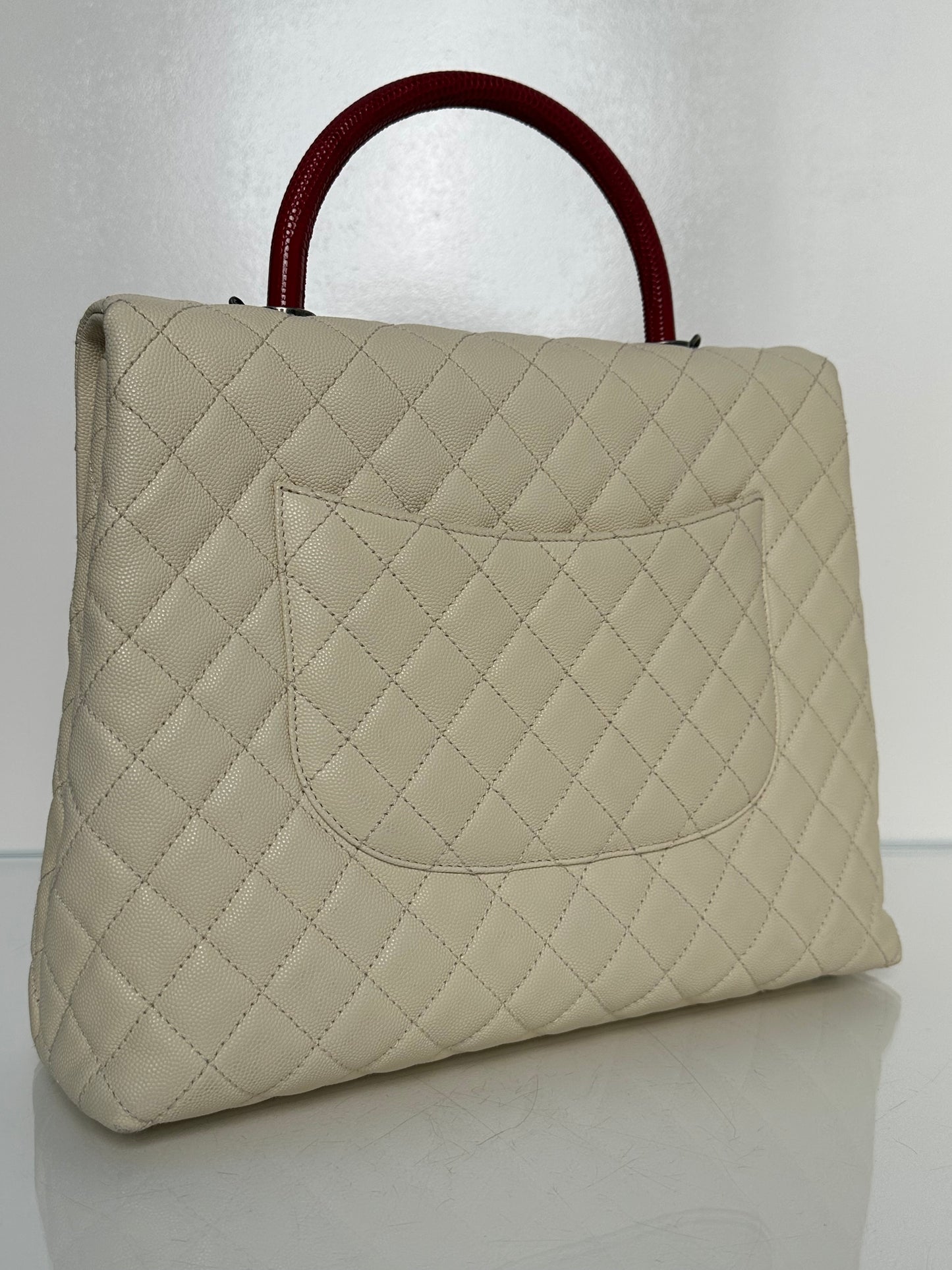 Chanel Cream/Red Lizard Coco Handle Large Bag RHW