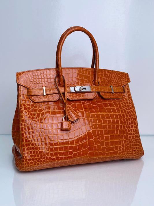 Hermes Birkin 35 Orange Shiny Porosus Crocodile PHW #P