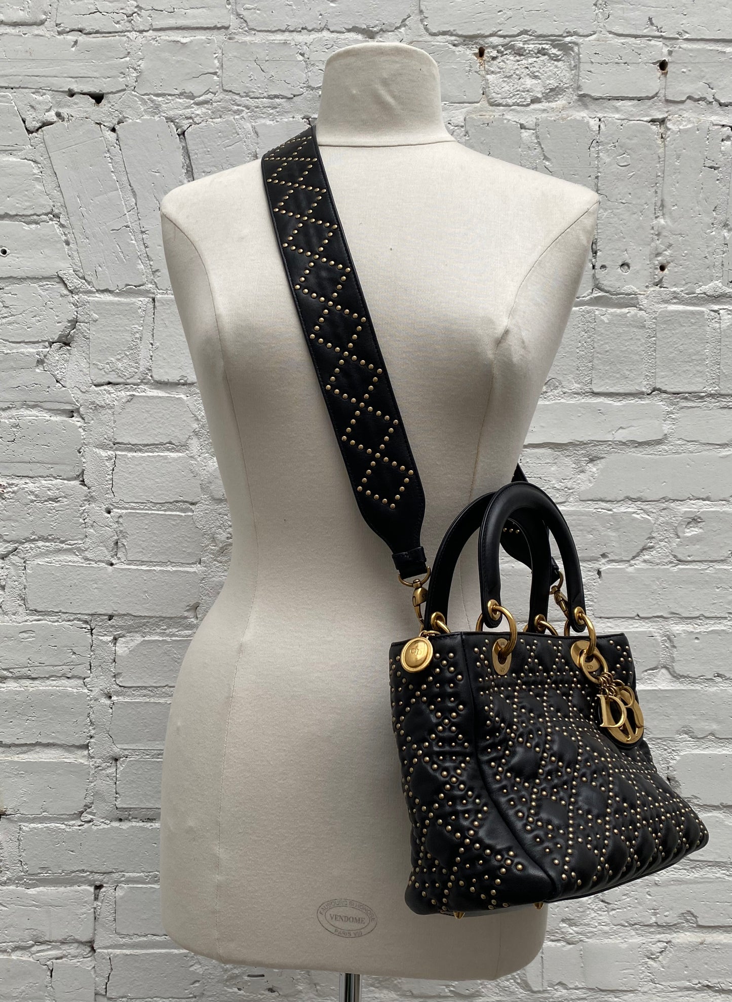 Dior Black Studded Lady Dior Medium GHW