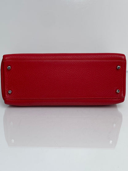 Hermes Kelly 32 Rouge Casaque Togo Retourne PHW w / Canvas Strap #P