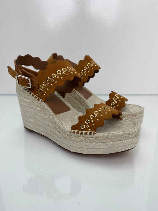 Chloe Brown & Gold Studded Espadrille Wedges, 40