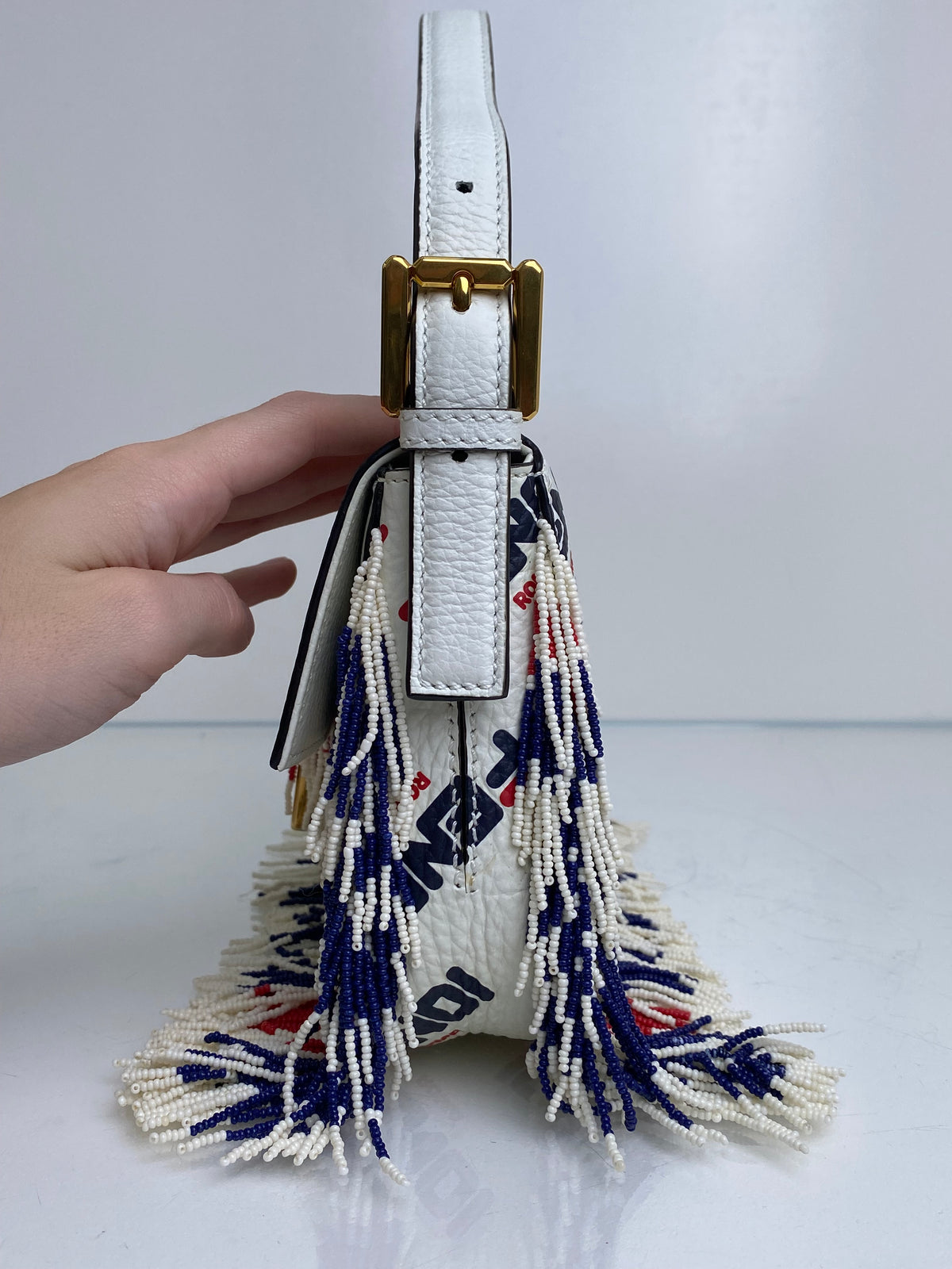 Fendi X Fila Red, White, & Blue Beaded Fringe Mania Baguette Bag GHW
