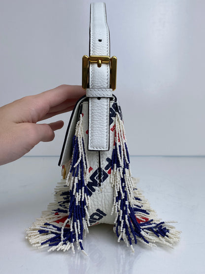 Fendi X Fila Red, White, & Blue Beaded Fringe Mania Baguette Bag GHW