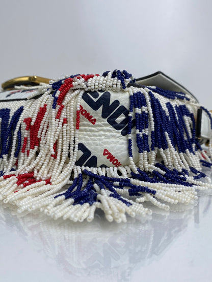 Fendi X Fila Red, White, & Blue Beaded Fringe Mania Baguette Bag GHW