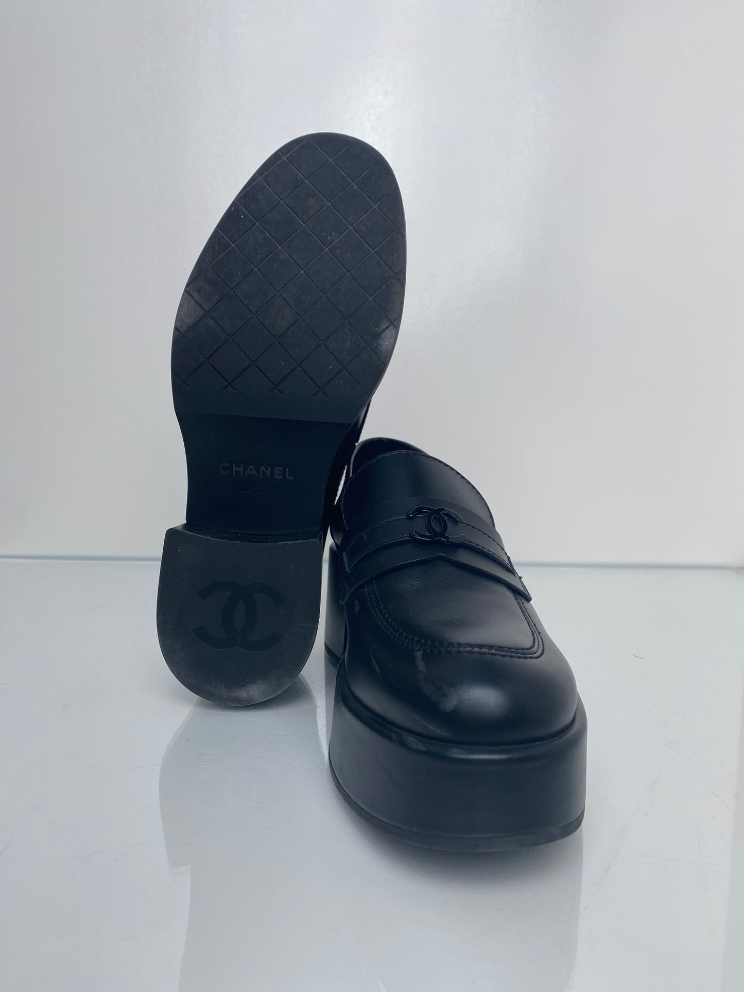 Chanel Black Calfskin CC Platform Loafers, 39 (As Is)