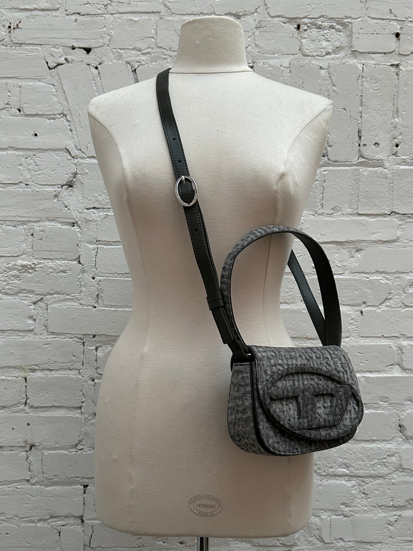 Diesel dark gray denim logo shoulder bag SHW