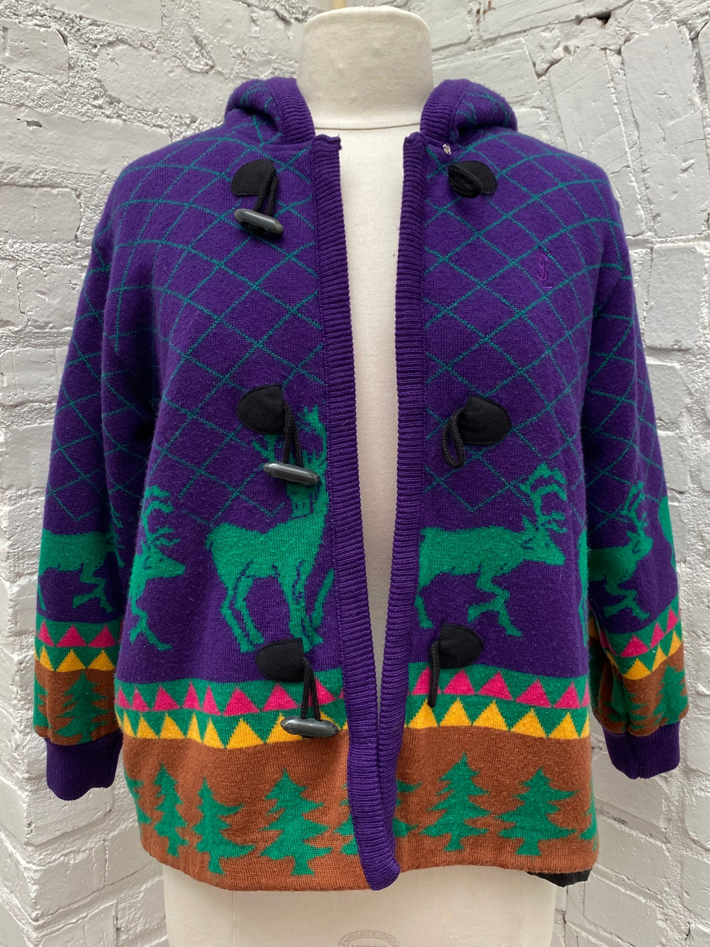 YSL Purple, Green, & Multicolor Deer Pattern Hooded Knit Jacket, EST S/M