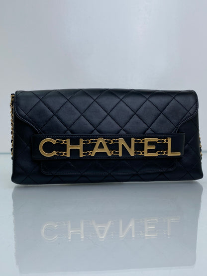 Chanel Black Logo Enchained Flap Quilted Calfskin Clutch GHW