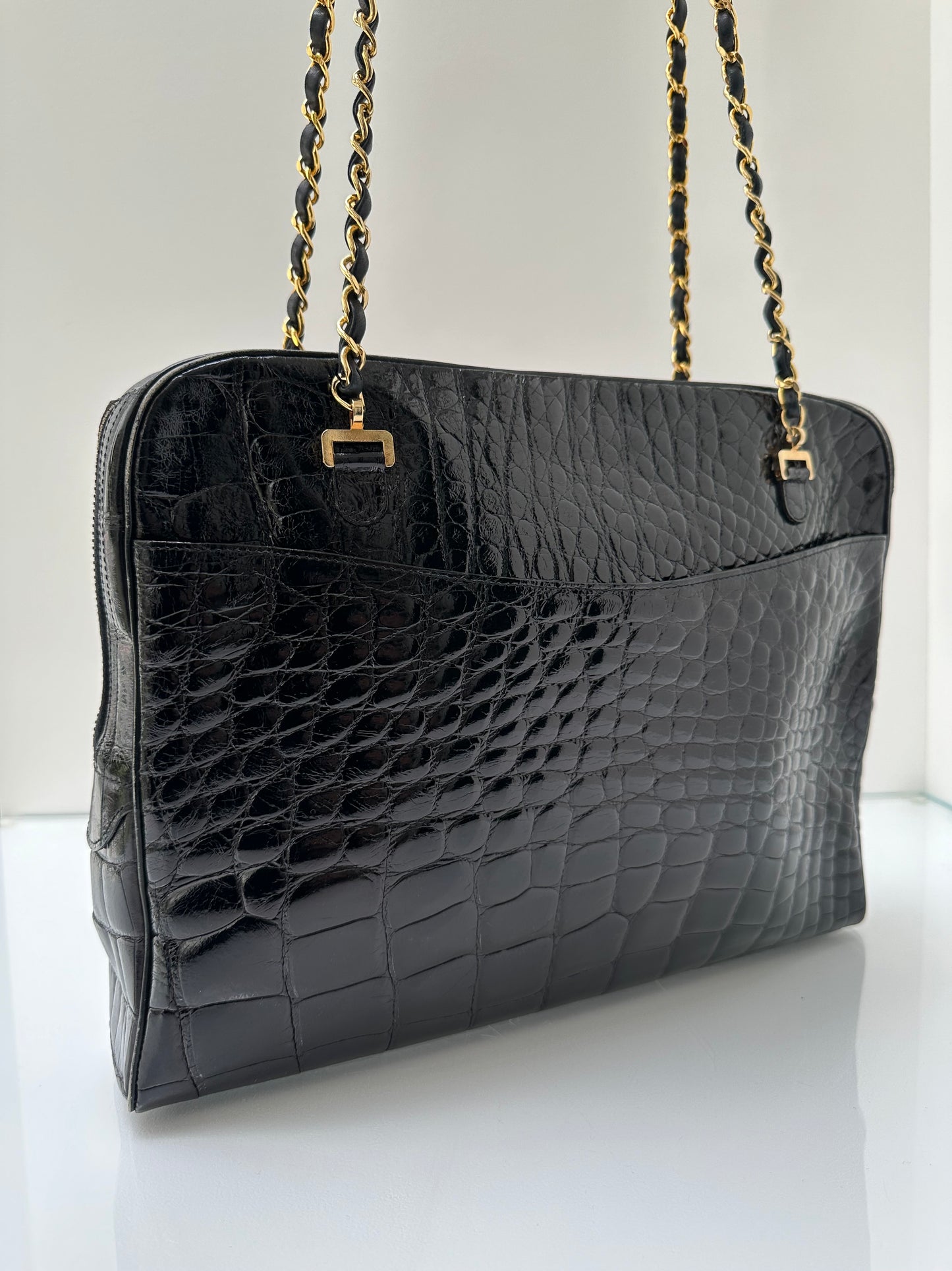 Chanel Black Shiny Crocodile Tote Bag GHW