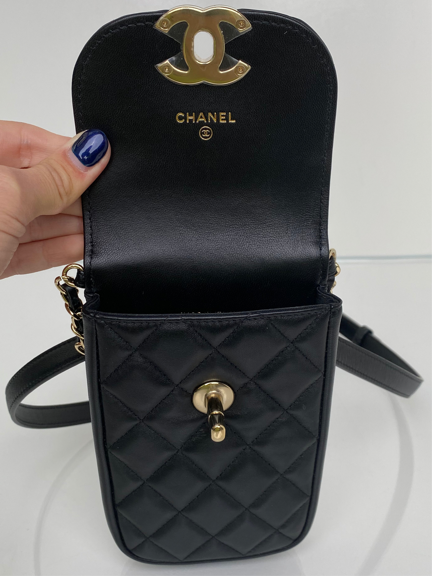 Chanel Black Lambskin Quilted Phone Holder